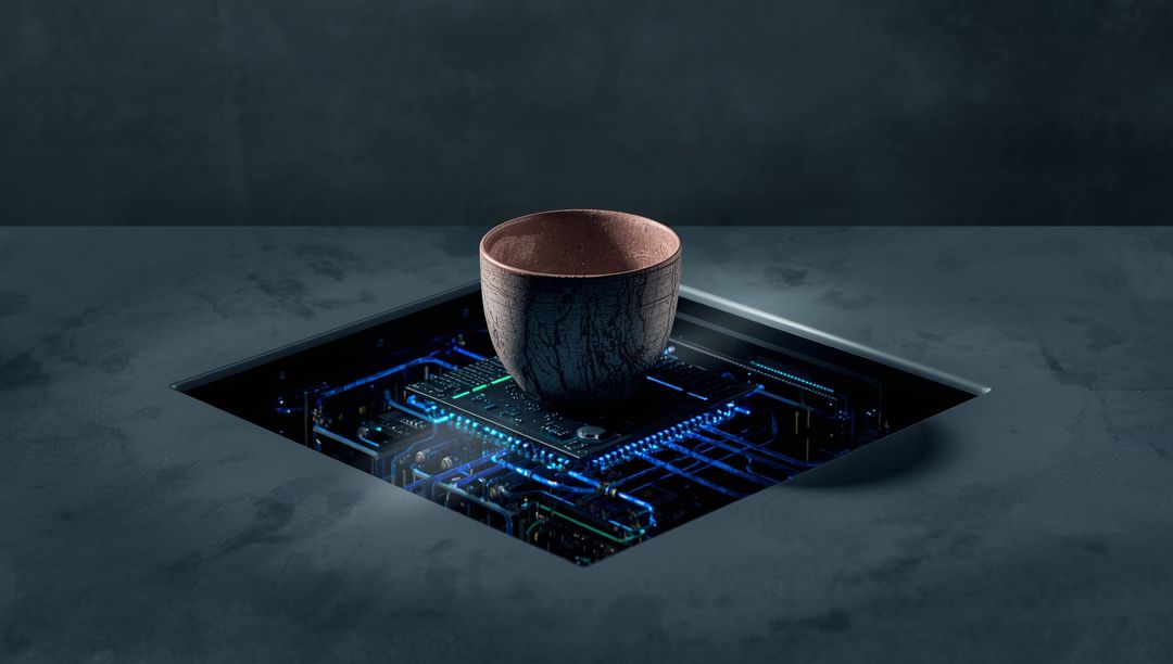 Fusion of Tradition and Technology: Ceramic Cup Above Glowing Circuit