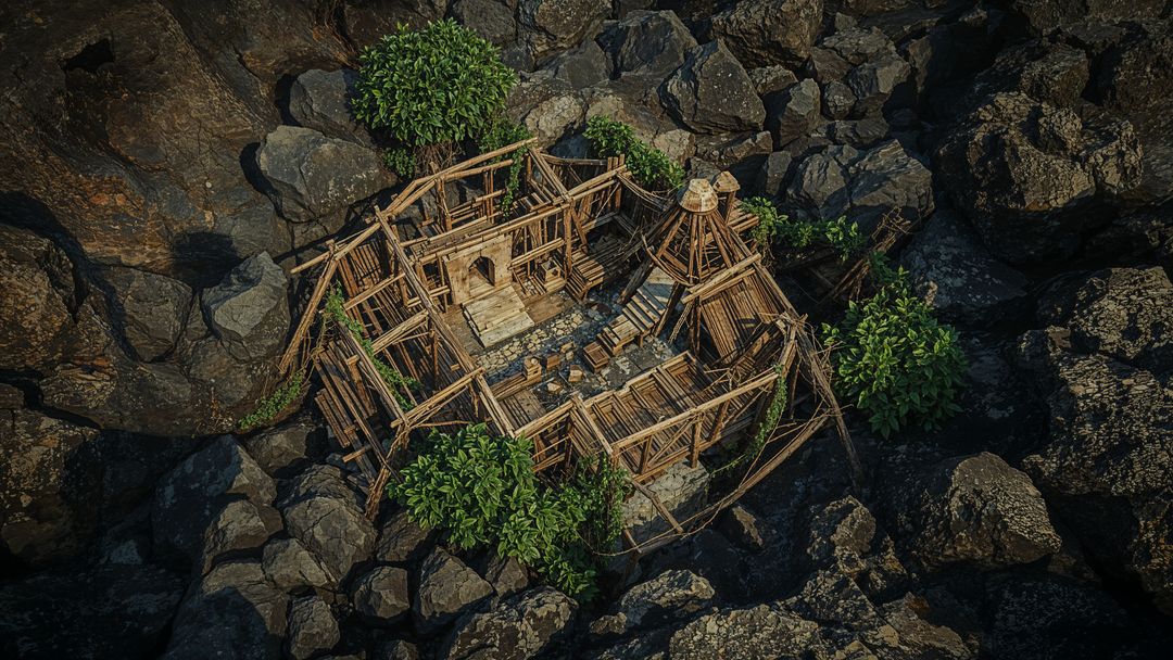 Unfinished Bamboo Structure on Rocky Terrain Surrounded by Shrubs