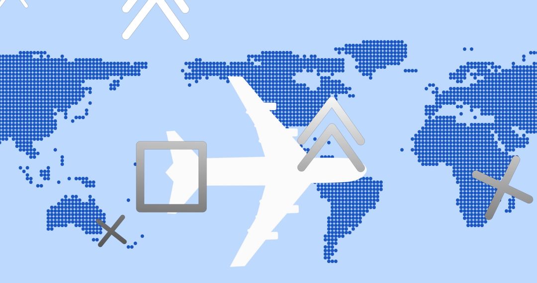 Airplane and Abstract Shapes Over World Map Representing Global Connectivity