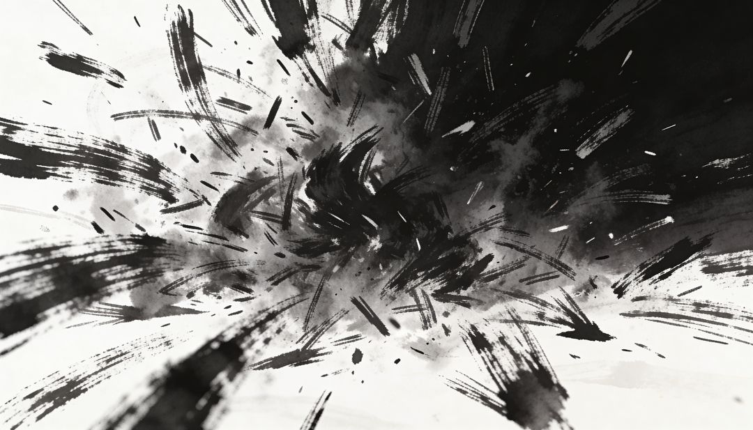 Explosive Monochrome Ink Splash Abstract Brushwork with Dynamic Radiating Strokes