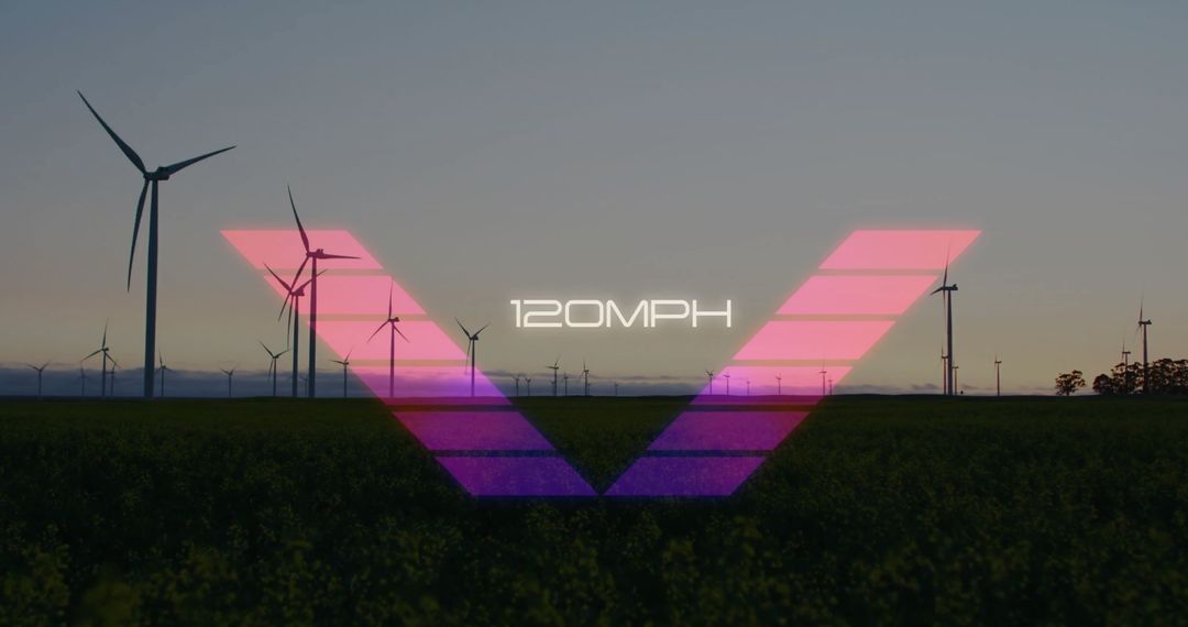 Wind Turbines at Dusk with Tech Overlay and Speed Metrics