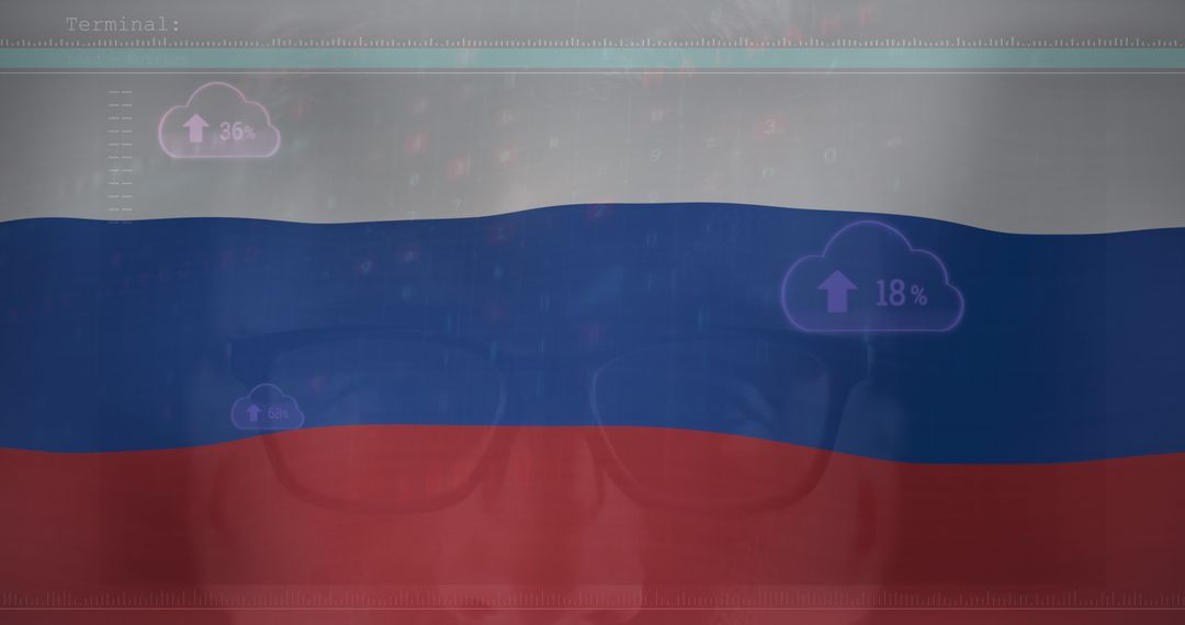 Russia Flag with Cyber Warfare Concept Overlay