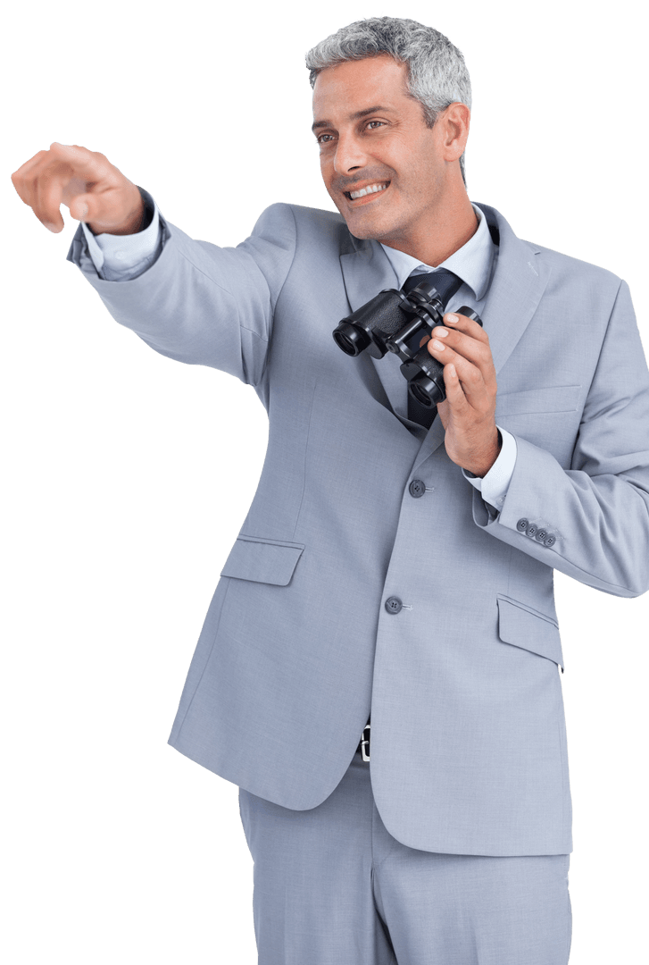 Businessman in Suit Pointing Vision with Binoculars Transparent
