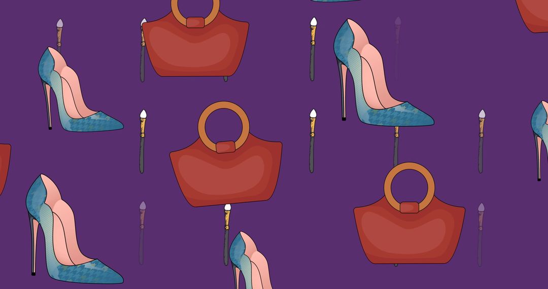 Vibrant Shoe and Bag Pattern on Purple Background
