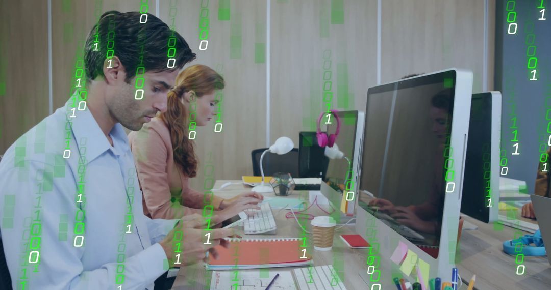 Diverse Business Team Analyzing Binary Data in Office