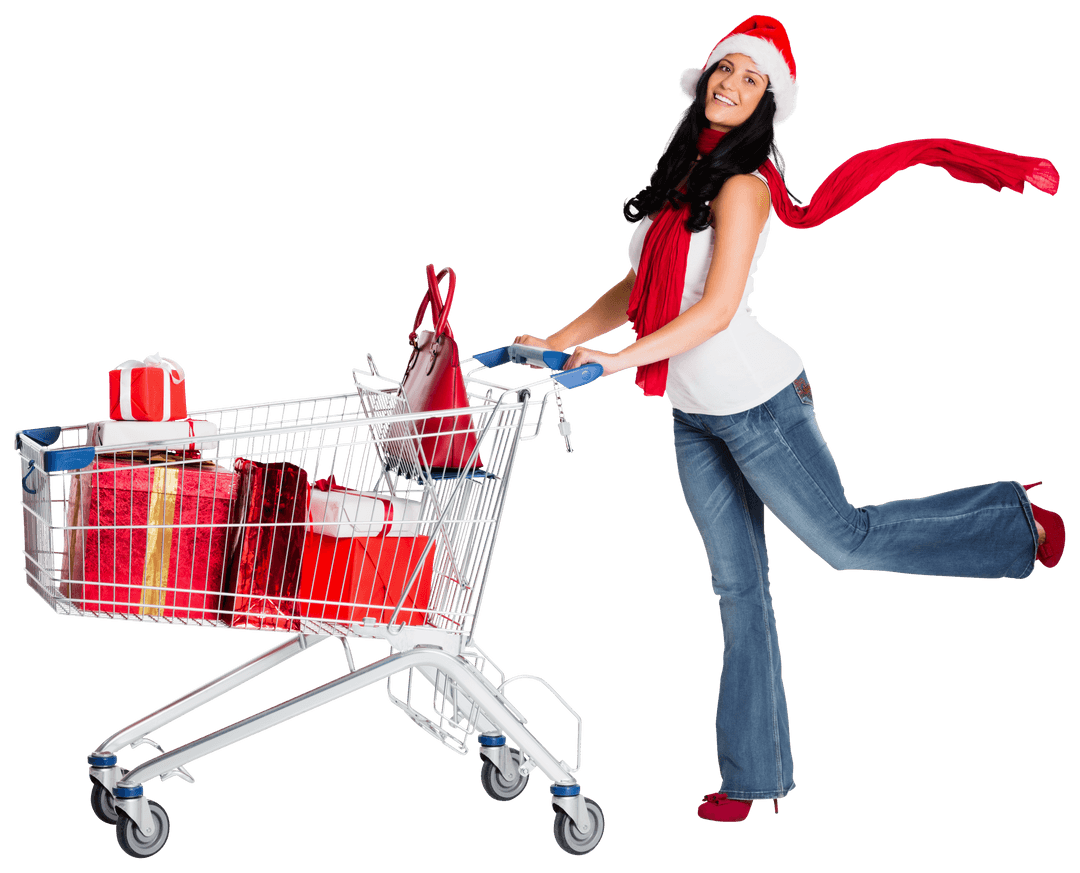 Festive Woman Transparent Background Posing with Holiday Shopping Cart