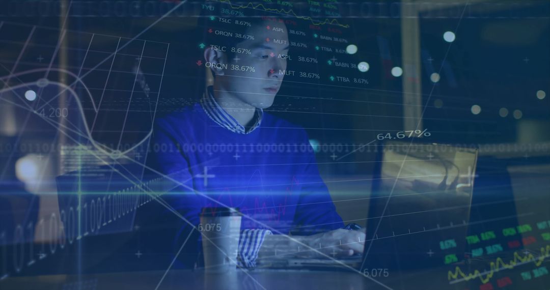 Tech Professional Analyzing Stock Market Reports on Laptop