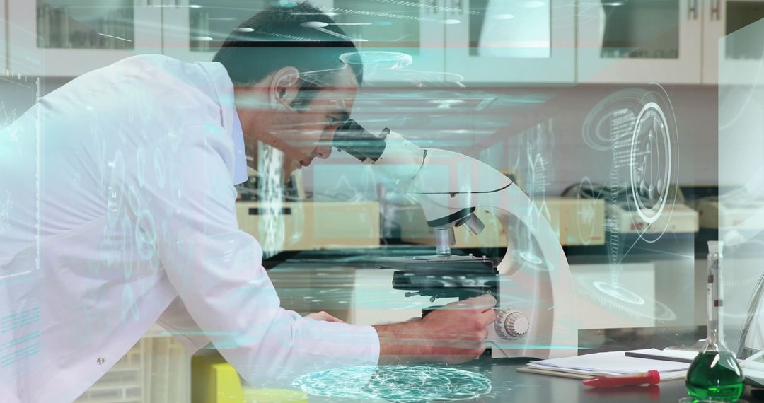Researcher Examining Microscope with Holographic Scientific Data