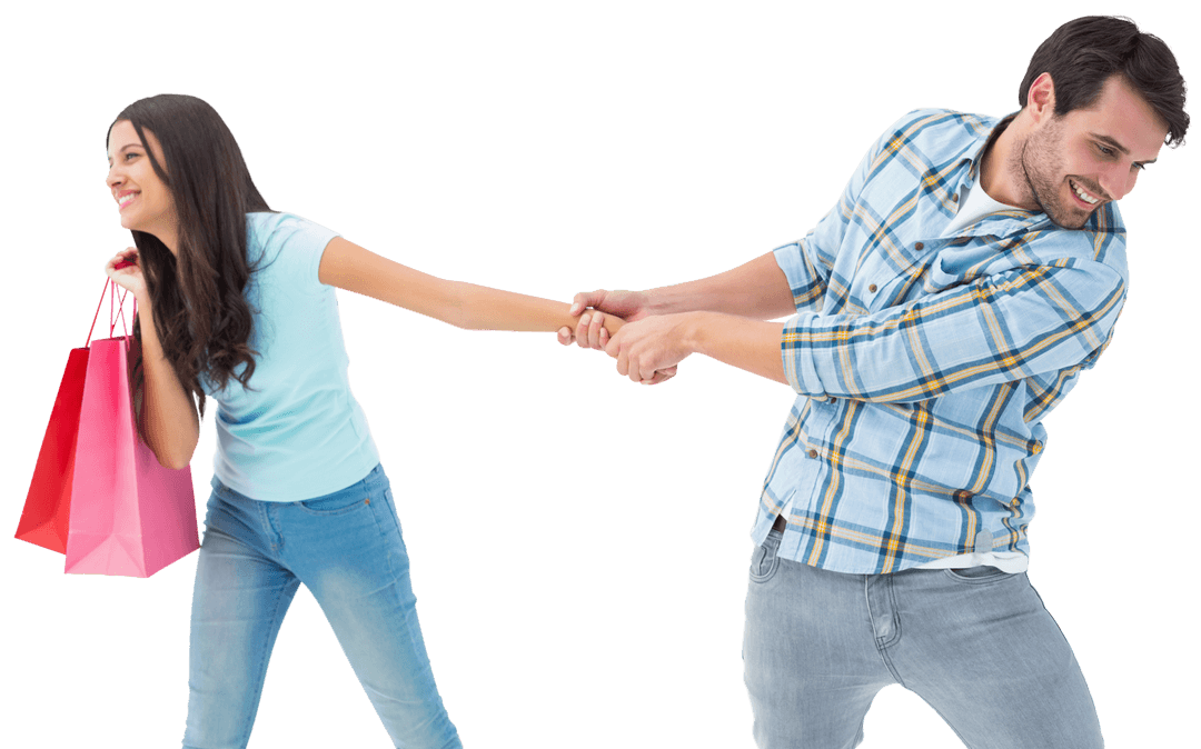Couple Shopping Session Featuring Baggage Pulling on Transparent Background