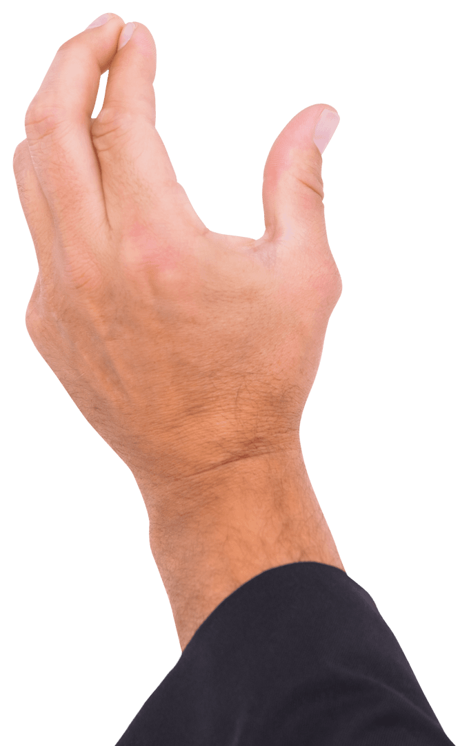 Caucasian Man's Hand Using Virtual Interface on Transparent Background