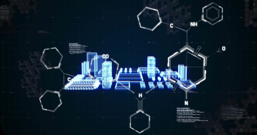 Futuristic Cityscape with Molecular Structures and Chemical Formulas