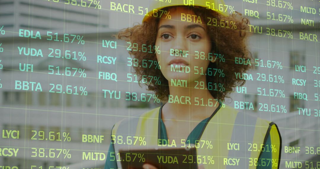 Financial Data Processing with Female Architect Interacting with Tablet Device