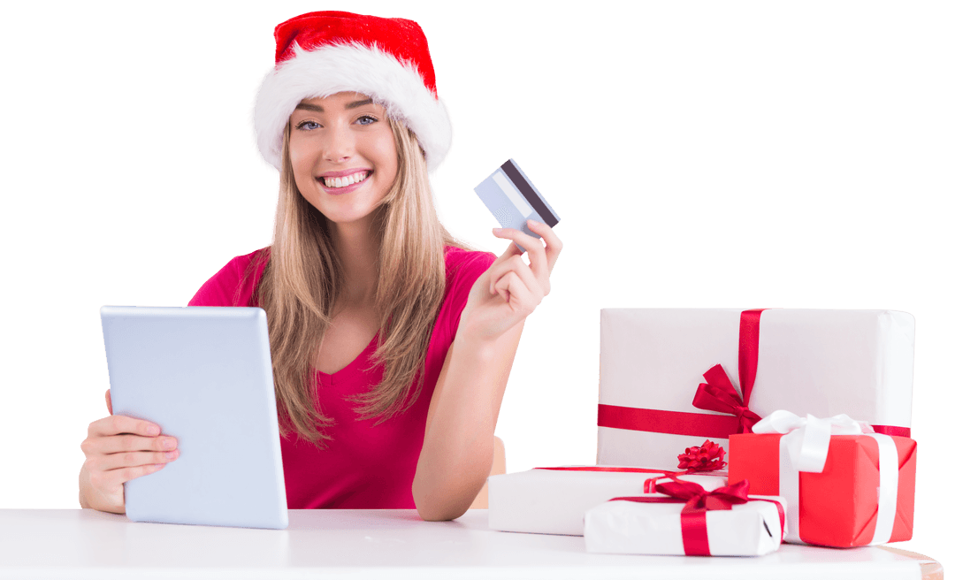 Festive Transparent Background Shopping with Tablet and Gifts