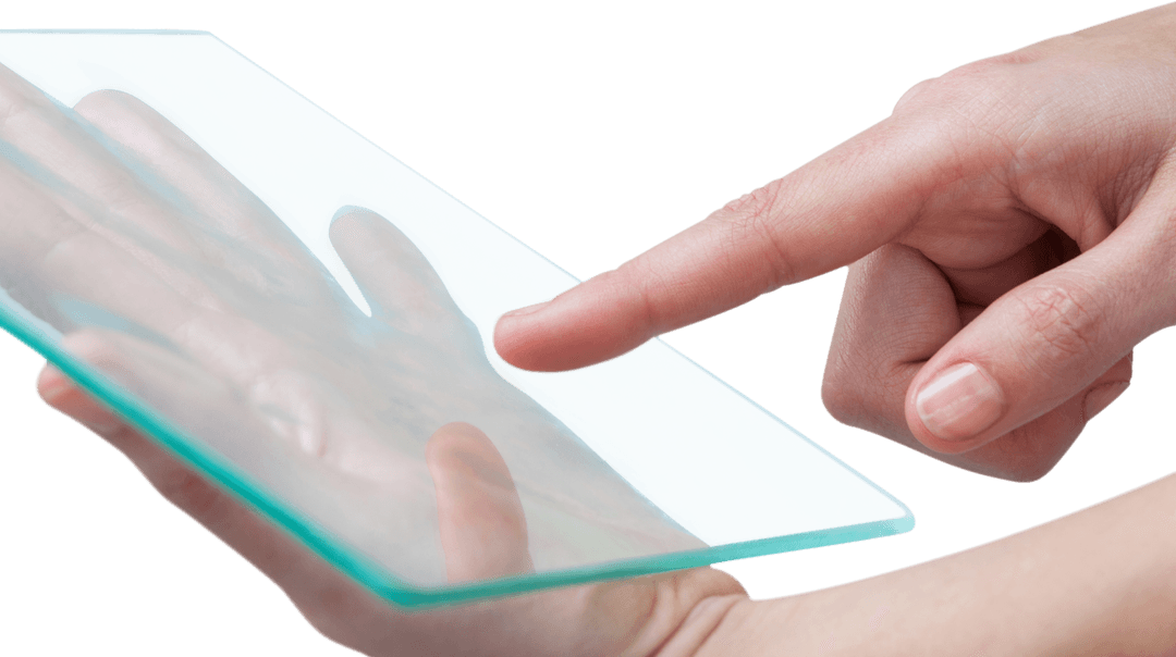 Finger Touching Transparent Glass Simulating Digital Tablet Use