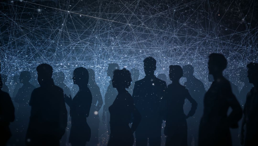 Silhouetted Crowd Watching Immersive Digital Network Installation with Glowing Nodes