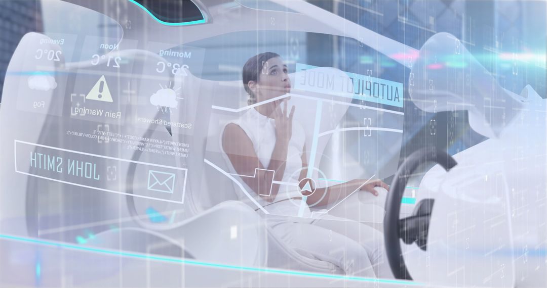 Woman in Self-Driving Car with Futuristic Digital Interface Overlay