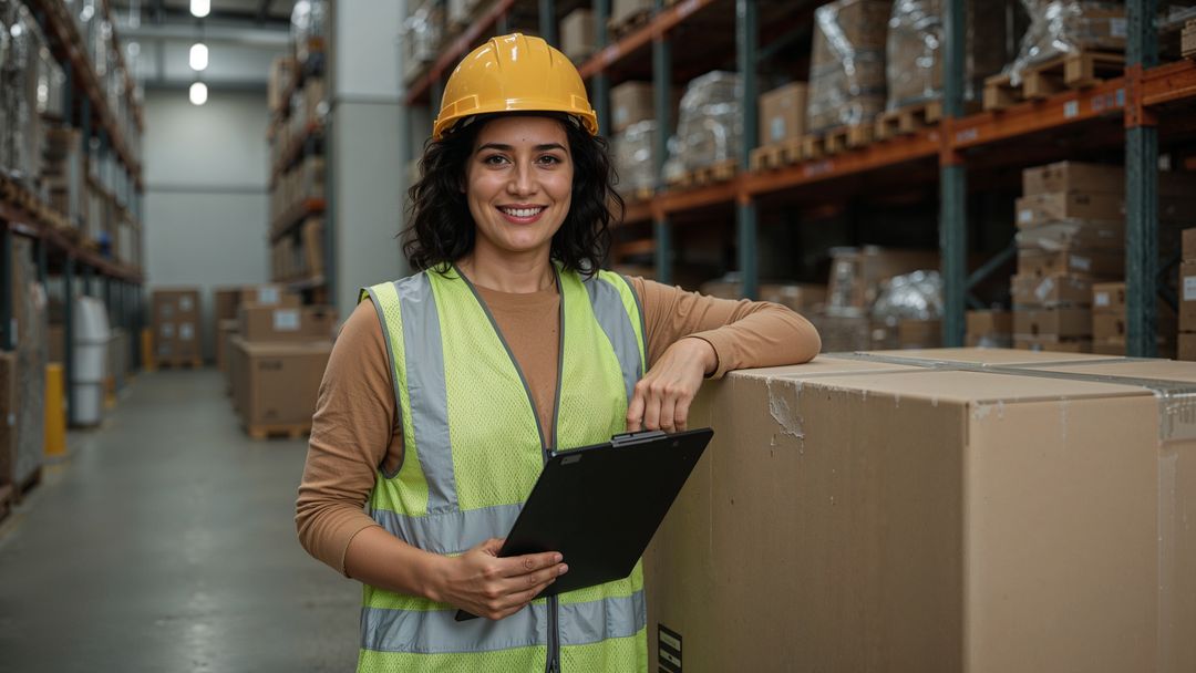Warehouse Worker Holding Clipboard in Aisle with Products