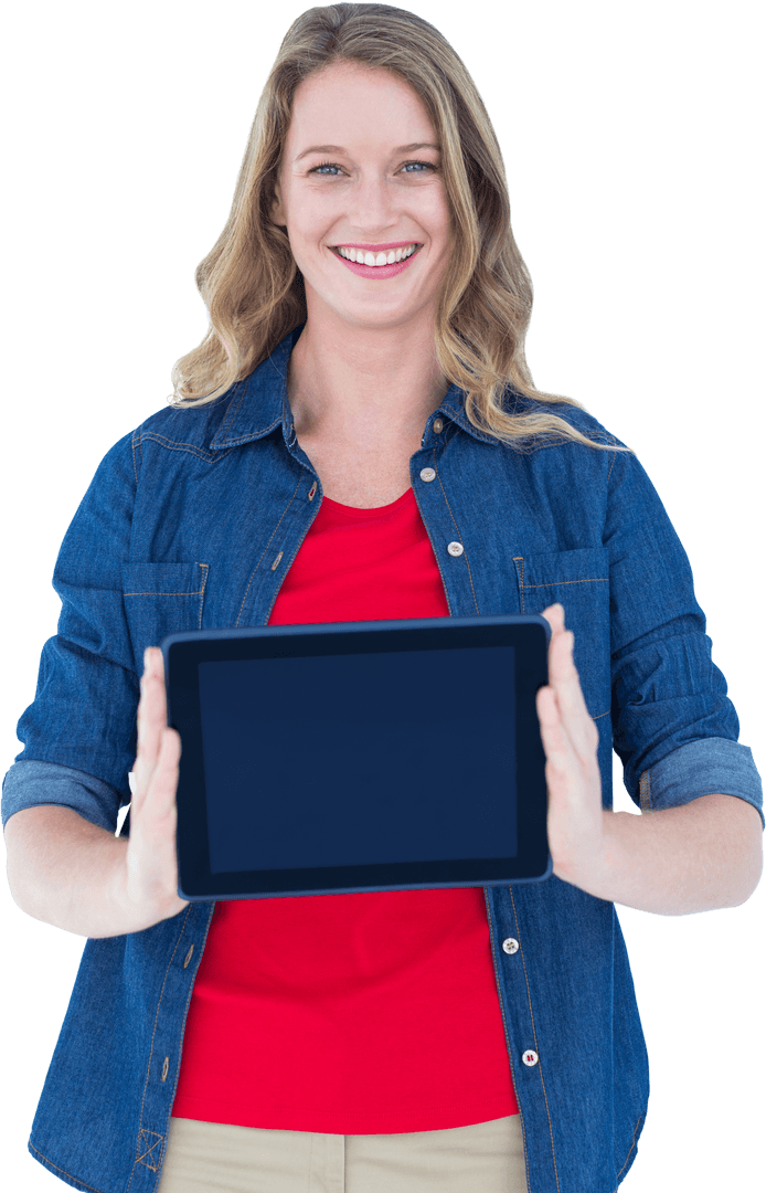 Cheerful Woman Holding Tablet with Transparent Display