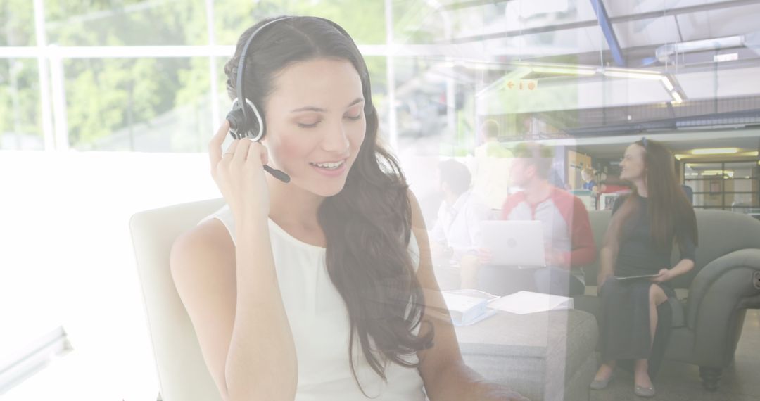 Businesswoman on Call with Cityscape Overlay for Global Connection Concept