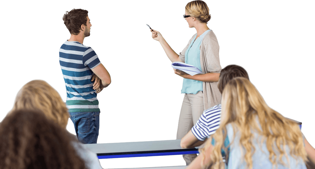 Transparent Teacher Speaking to Attentive Students in Classroom