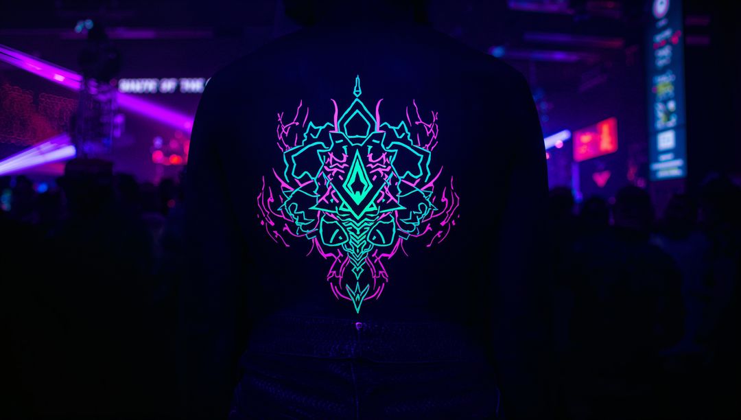 Man in Neon Geometric Jacket Watching Concert with Dynamic LED Backdrop