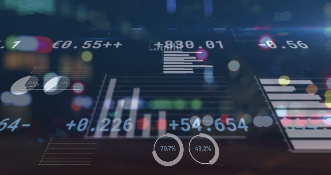 Digital Financial Data Overlay with City Lights Background