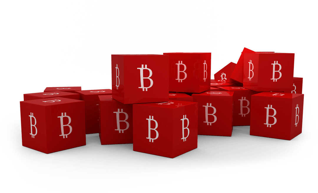 Red Transparent Bitcoin Symbol Cubes Piled up as Digital Cryptocurrency Concept