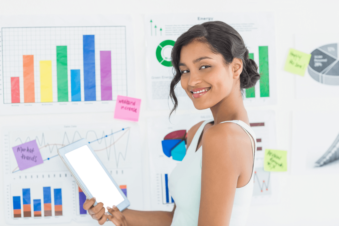 Transparent Businesswoman Smiling Holding Tablet Charts Background