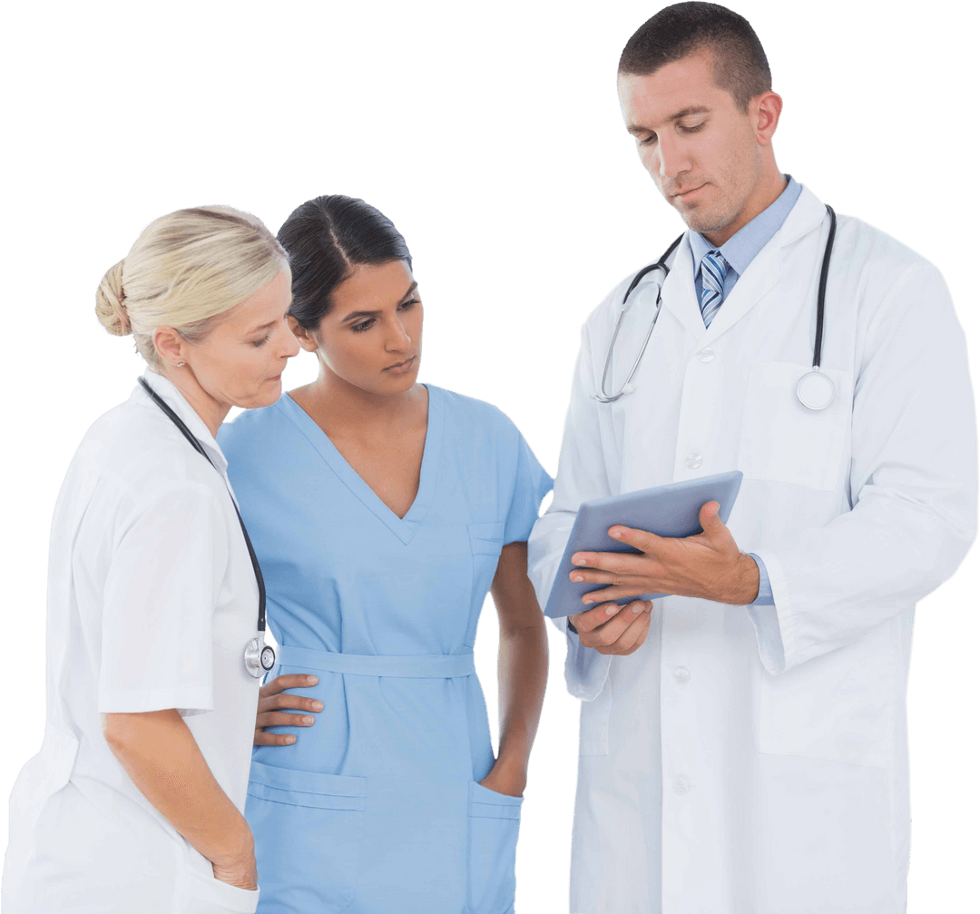 Transparent Medical Team Examining Digital Data on Tablet