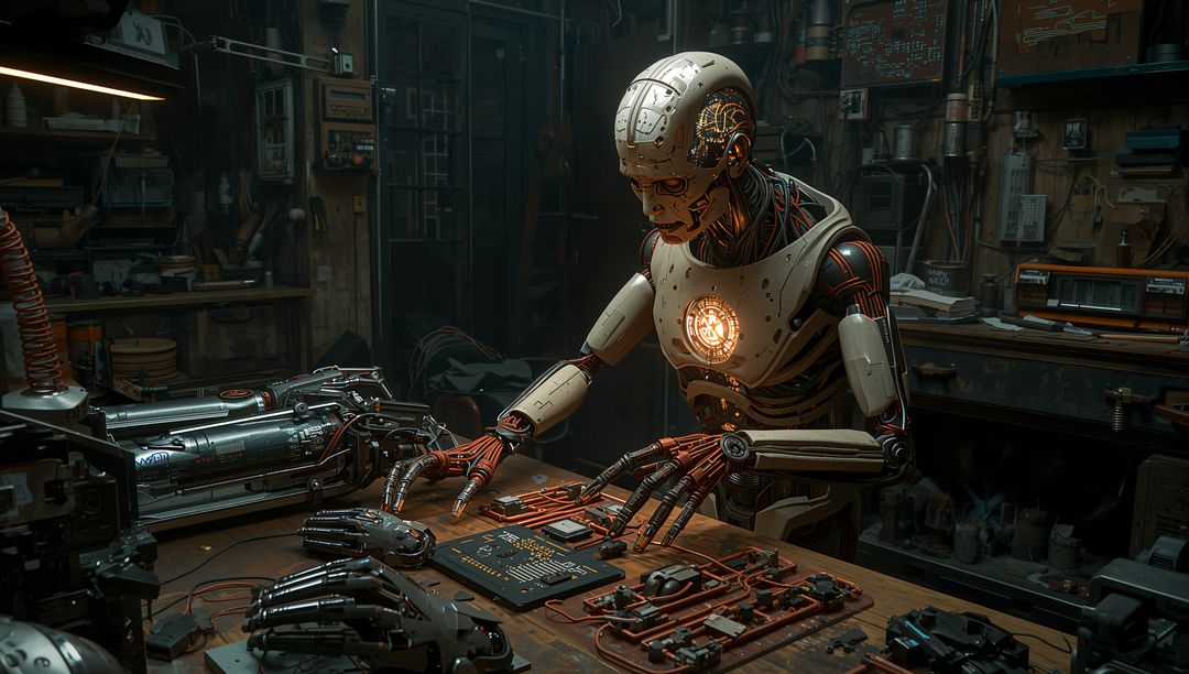 Futuristic Cyborg Assembling Robotic Components in High-Tech Lab
