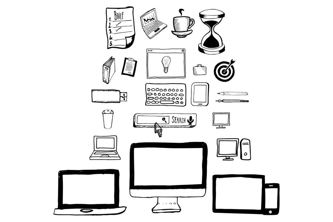 Transparent Icons Sketch with Coffee Cup and Laptop