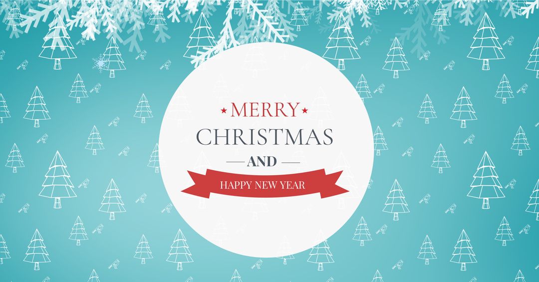 Festive Christmas and New Year Greeting with Snowflakes and Trees
