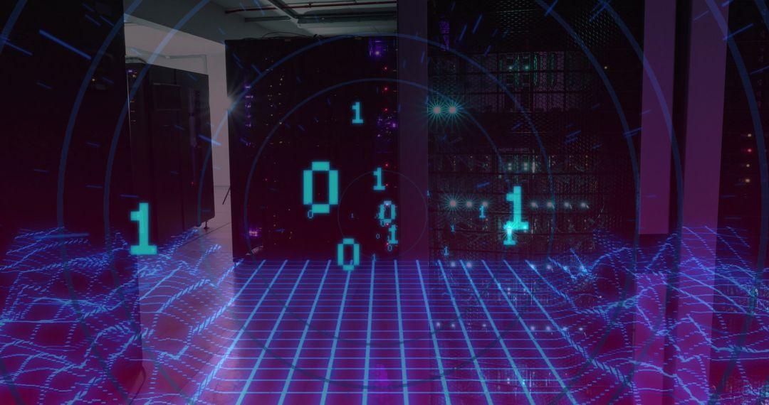 Binary Code Overlay in Futuristic Digital Server Room