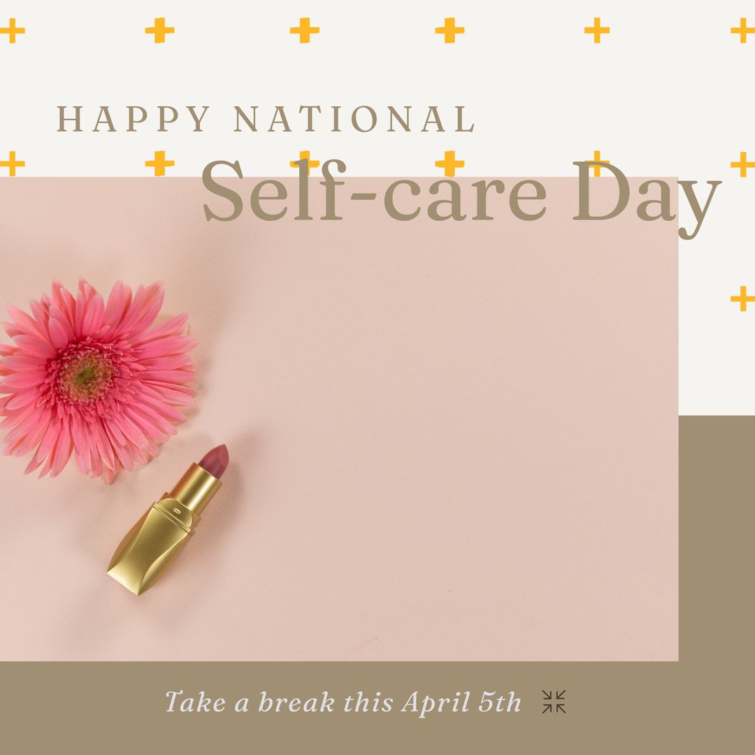 National Self-Care Day Layout with Lipstick and Flower on Soft Pink Background