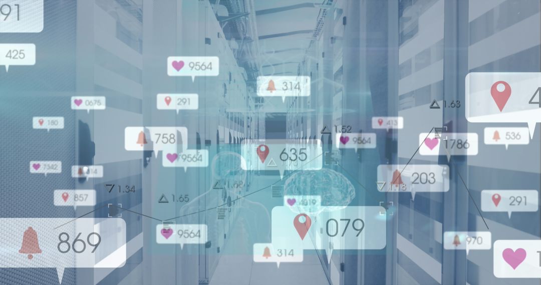 Digital Social Media Icons Overlaid on Data Center Servers