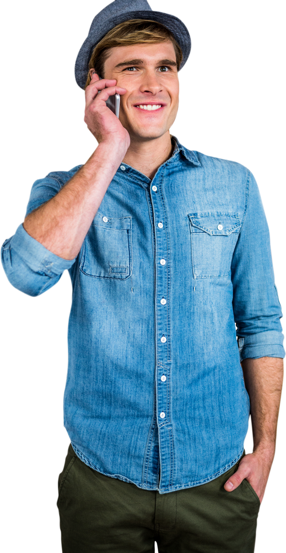 Smiling Man in Denim Engaged in Phone Conversation Transparent - Download Free Stock Images Pikwizard.com