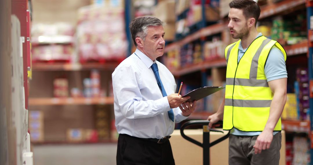 Warehouse supervisor discussing with worker holding clipboard - Free Images, Stock Photos and Pictures on Pikwizard.com