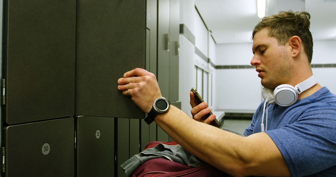 Young Athletic Man Checking Smartwatch in Gym Locker Room - Free Images, Stock Photos and Pictures on Pikwizard.com