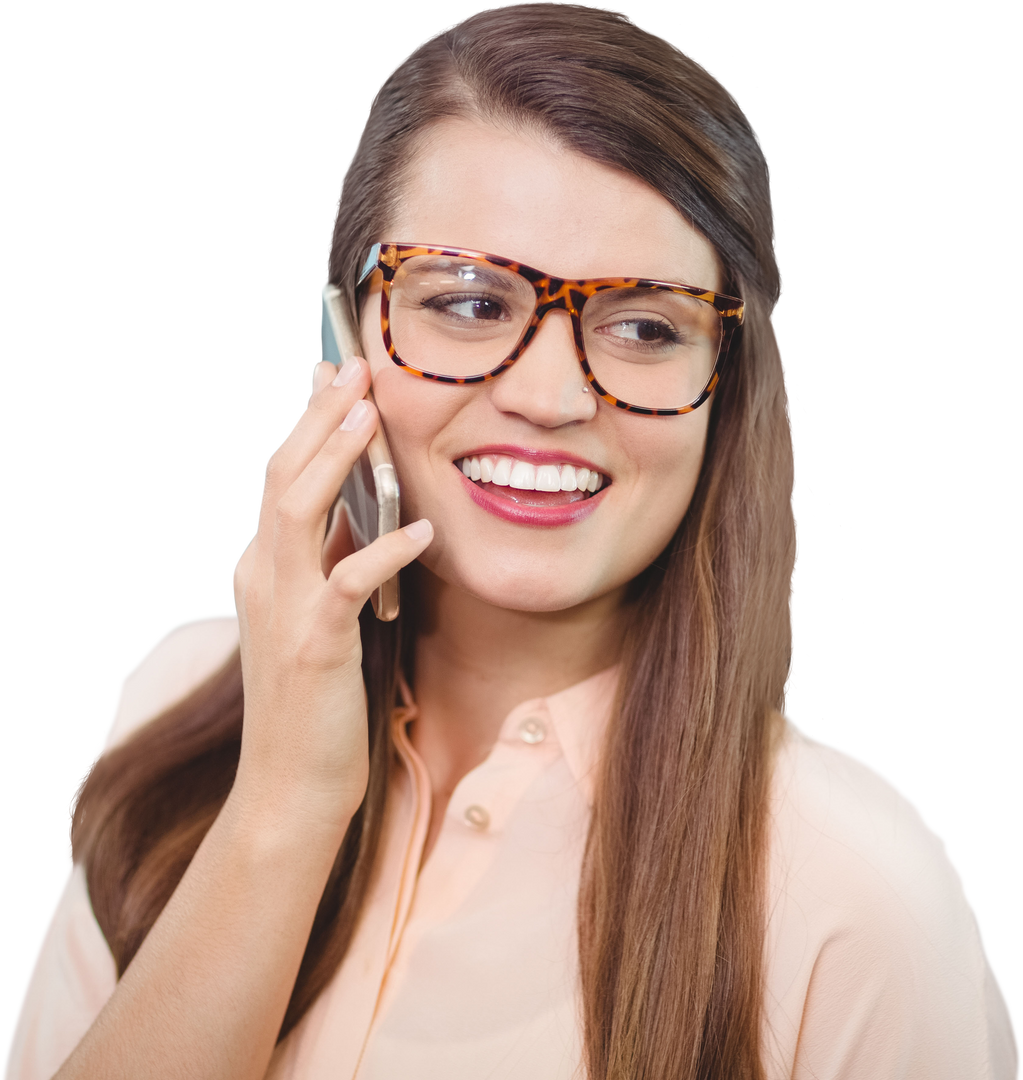 Smiling beautiful woman with glasses talking on transparent mobile phone - Download Free Stock Images Pikwizard.com