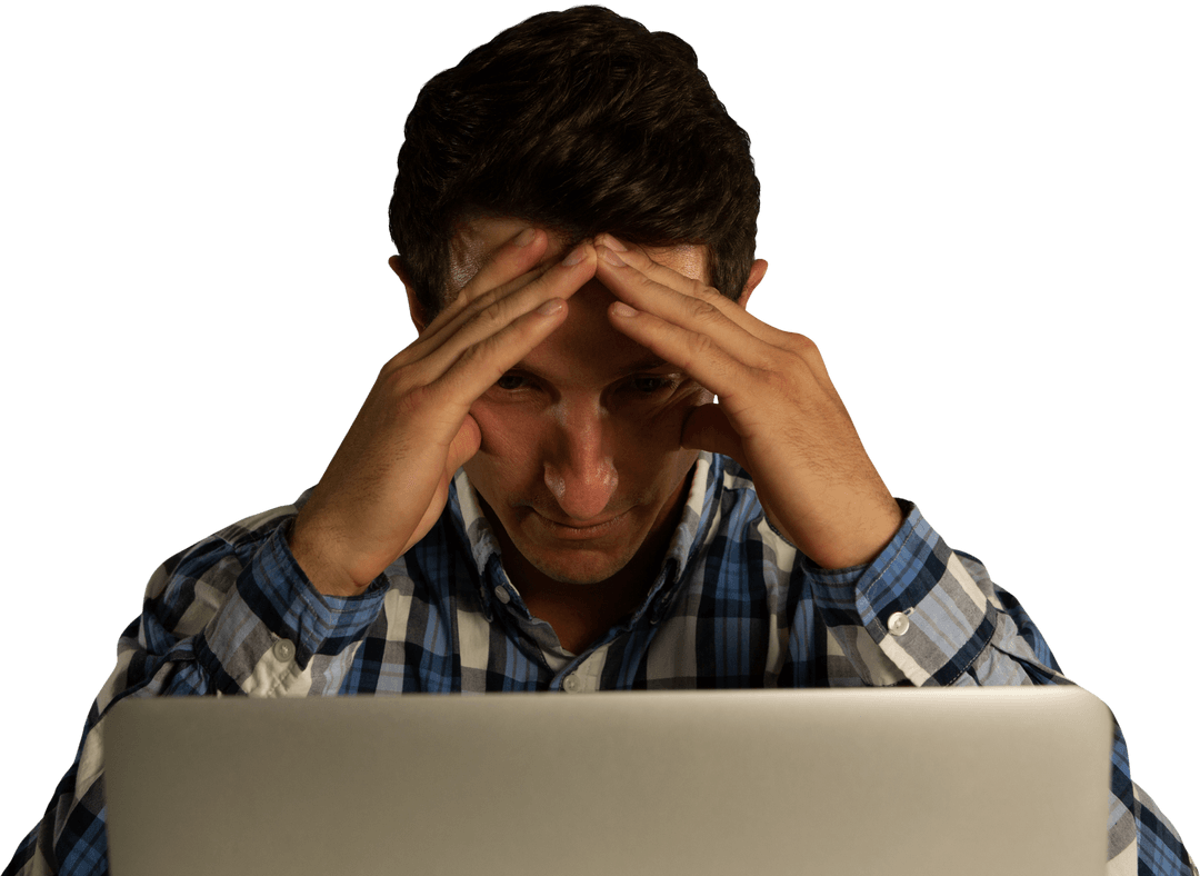Stressed Man Holding Head Transparently While Working on Laptop