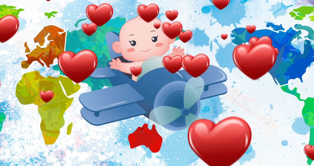Cute Baby Pilot Flying over World Map with Floating Red Hearts