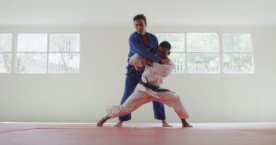 Two Men Practicing Throws in Judo Dojo with Natural Light - Free Images, Stock Photos and Pictures on Pikwizard.com