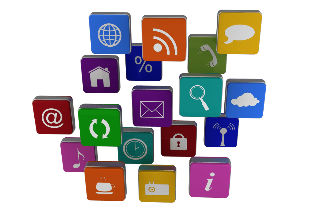 Colorful Digital Cubes with Symbols on Transparent Background