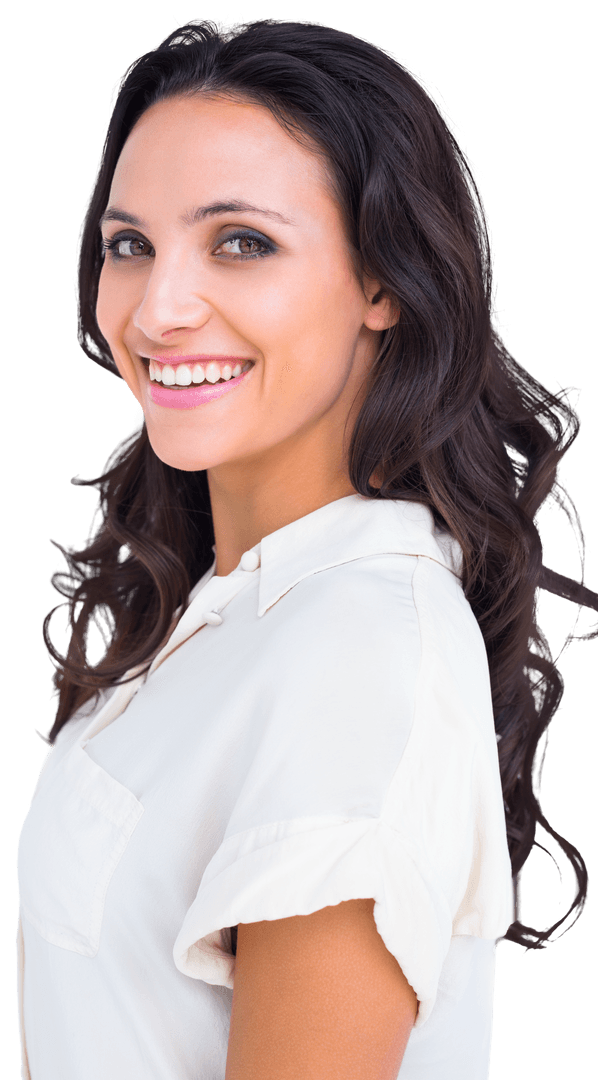 Transparent Background Woman Smiling with Long Curly Hair