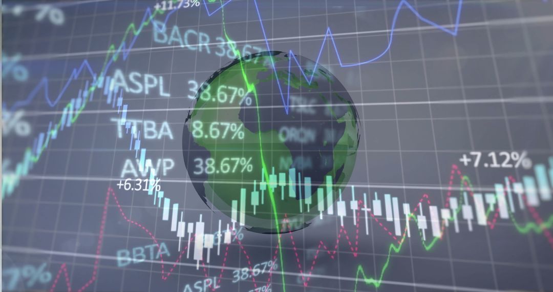 3D Earth and Financial Dashboard Background with Candlestick Graphs