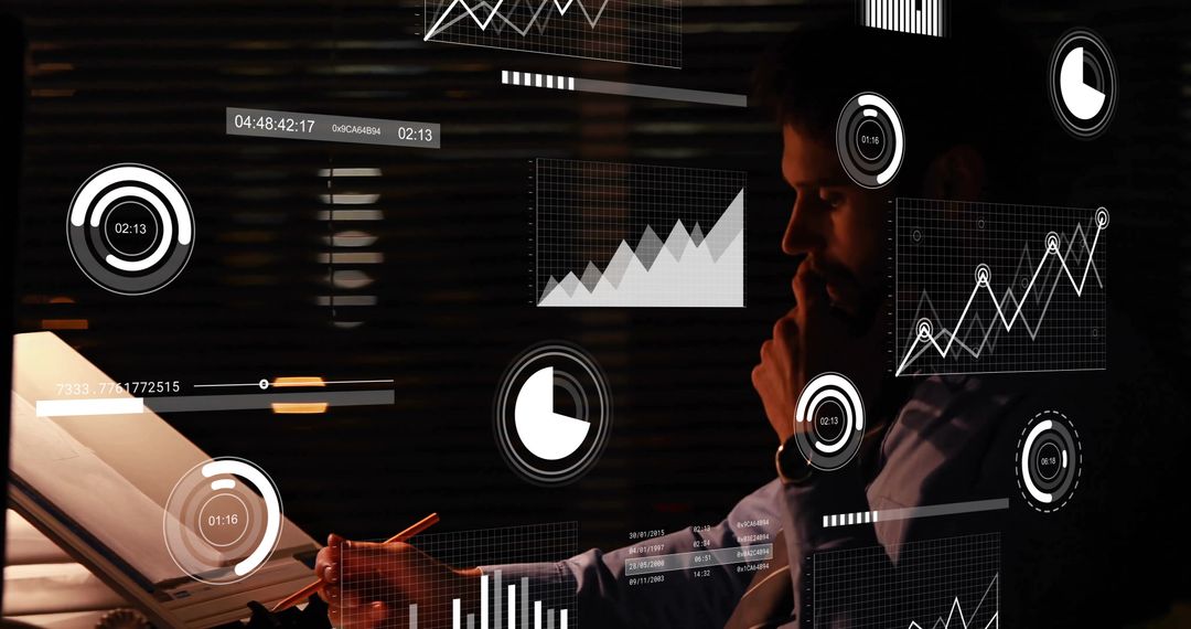 Businessman Analyzing Data Visualization in Late Night Office Work