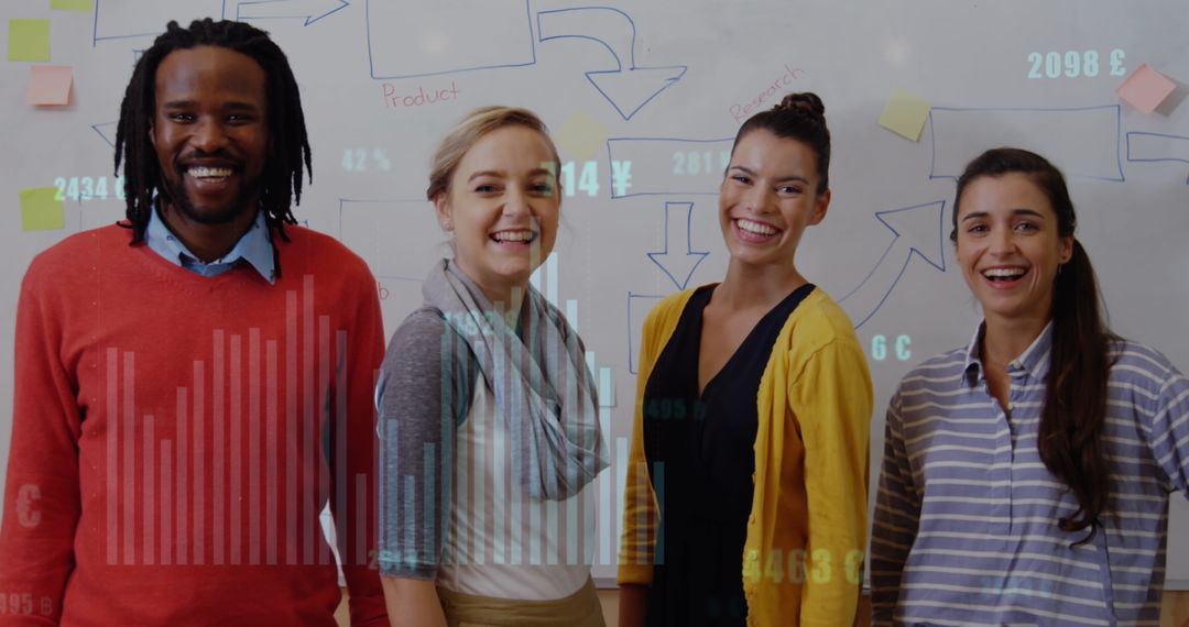 Diverse Colleagues Smiling with Financial Data Overlay