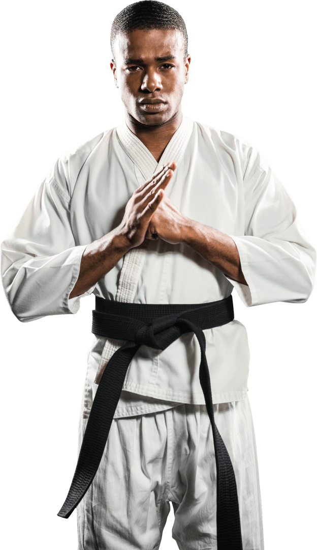 Martial Artist in Gi Suit Performing Inward Hand Salute Transparent Background