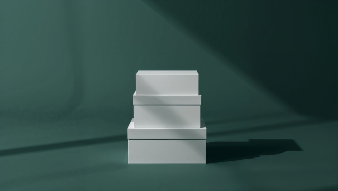Minimalist Stack of White Boxes with Shadows on Dark Green Surface