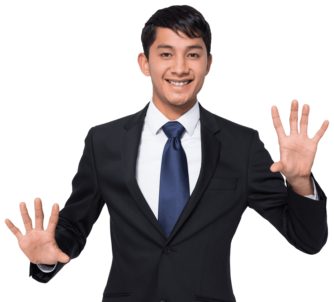 Smiling Asian Businessman Gesturing Enthusiastically on Transparent Background